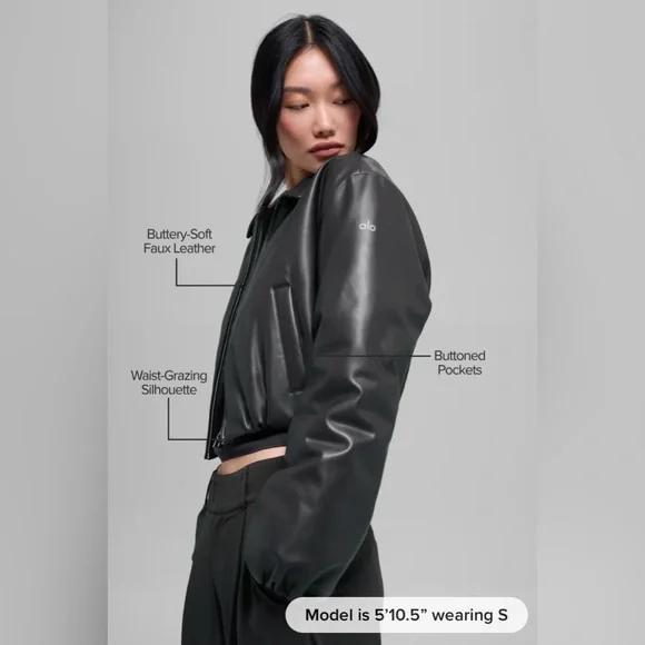 New Alo Yoga Faux Leather Cropped Premier Bomber - Black - Picture 2 of 14